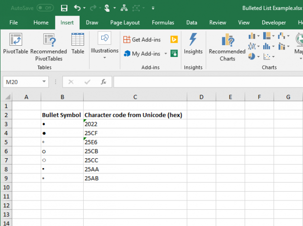 Simboli di proiettile e codici di caratteri in esadecimale in Excel