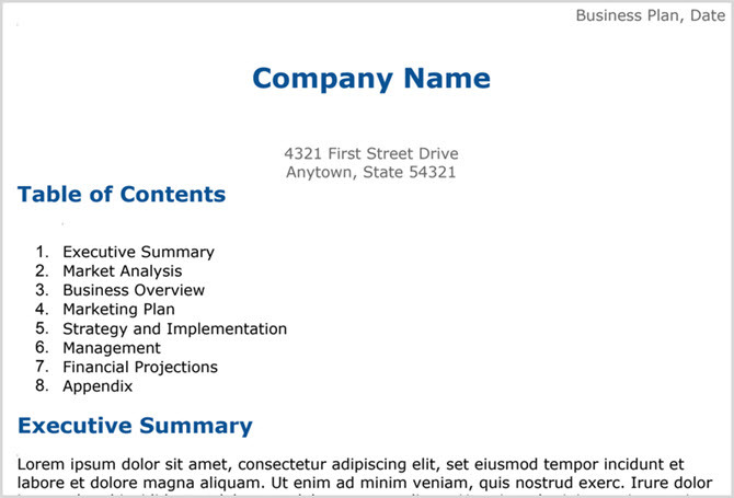 Modello di piano aziendale di Google Documenti
