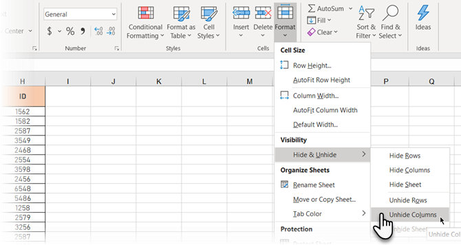 Scopri le colonne dalla barra multifunzione in Excel