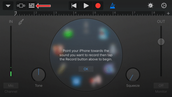 Schermata del registratore audio dell'app GarageBand