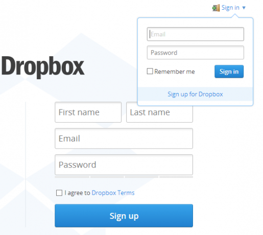 interfaccia web di Dropbox