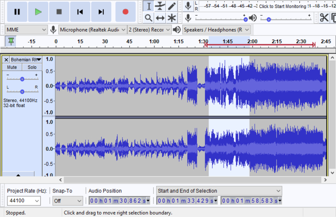 seleziona la sezione del file in audacity