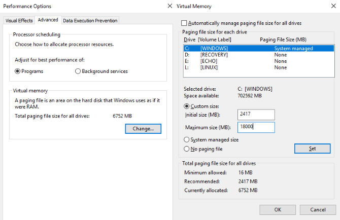 Ripristina memoria virtuale Windows 10