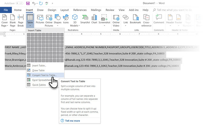 Microsoft Word Converti testo in tabella