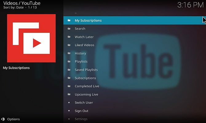 Come installare e utilizzare il componente aggiuntivo YouTube Kodi - menu principale del componente aggiuntivo