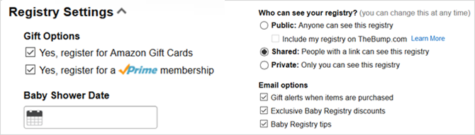 Impostazioni del registro di Amazon baby