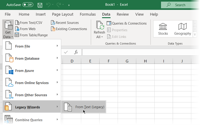 La procedura guidata legacy del testo in Microsoft Excel