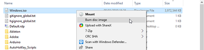 Fare clic con il tasto destro del mouse su un iso per masterizzarlo nativamente in Windows