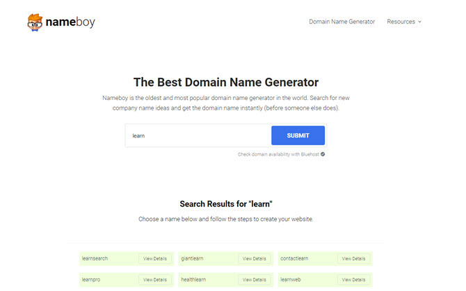 Sito Web Nameboy per la ricerca di nomi di dominio