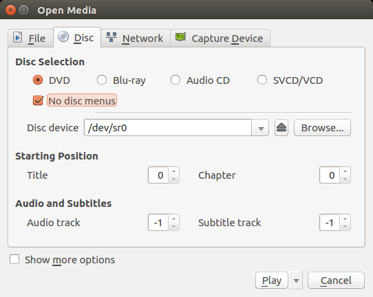 VLC Nessun menu