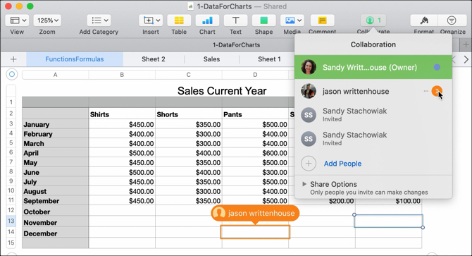 Nome dell'editor in tempo reale Fare clic su Punto in Numbers Mac