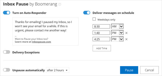 Componente aggiuntivo Boomerang Outlook per la pausa della posta in arrivo