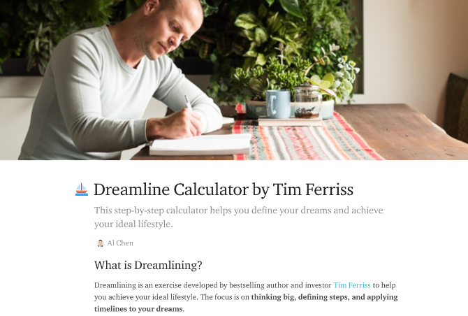 Pratica i metodi di Tim Ferris di Dreamline Calculator e Fear Setting come app online
