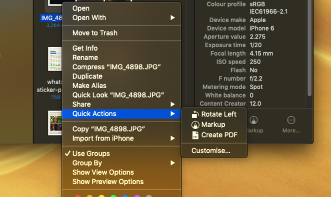 Menu di attivazione delle azioni rapide di macOS Mojave