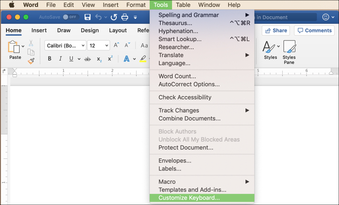 Personalizza l'opzione della tastiera dal menu in MS Word su Mac