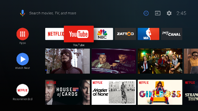 layout della schermata iniziale di Android TV