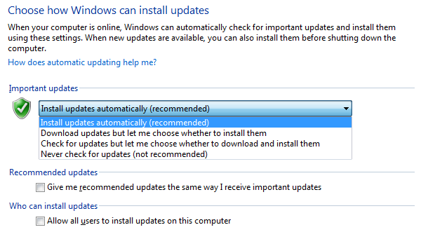 Opzioni di Windows Update