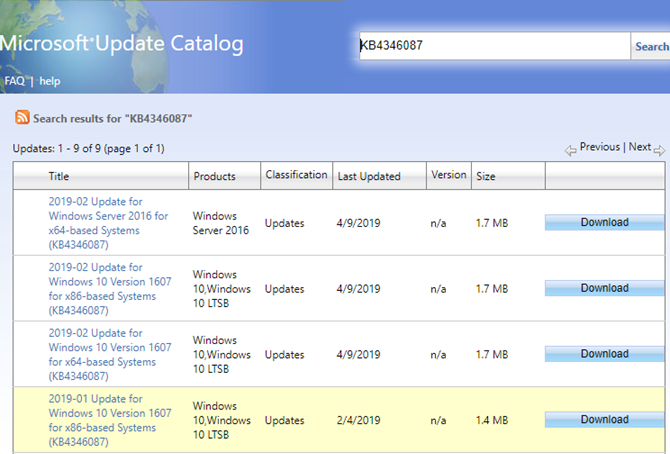 Ricerca nel catalogo di Windows Update