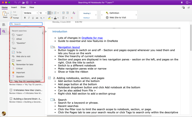 cerca note in OneNote Mac