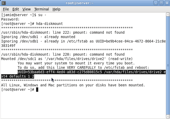 Configurazione di un server Amahi Home - Aggiunta di un'unità al server [Linux] 8 copia questa riga hda diskmount stuff