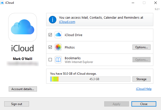 Schermata delle impostazioni del pannello di controllo di iCloud