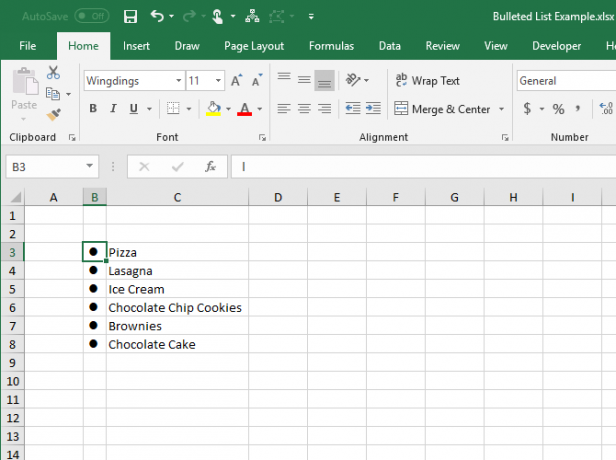 Crea un elenco puntato in Excel utilizzando il carattere Wingdings