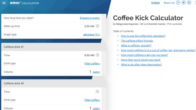 Coffee Kick di Omnicalculator ti dice quando sarai più attento in base all'assunzione di caffè e al programma del sonno