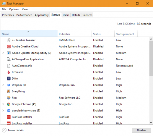 Elementi di avvio di Task Manager di Windows 10