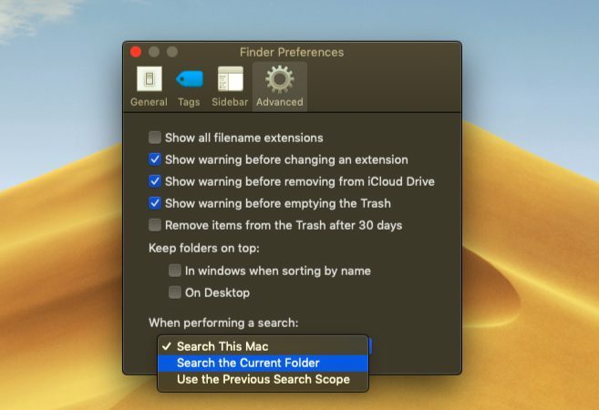 Impostazione delle opzioni di ricerca personalizzate su macOS Finder