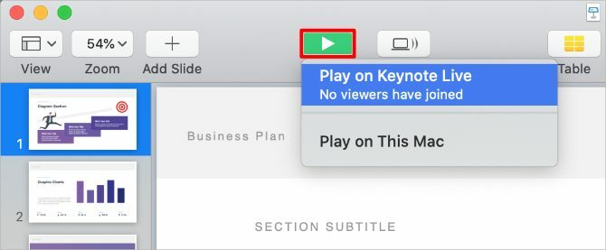 Tasto Play di Keynote con l'opzione Keynote Live