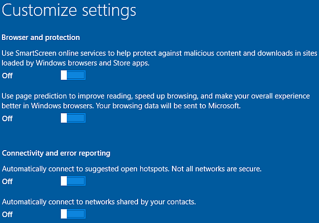 Windows 10 personalizza i browser di installazione, la connettività, i rapporti sugli errori