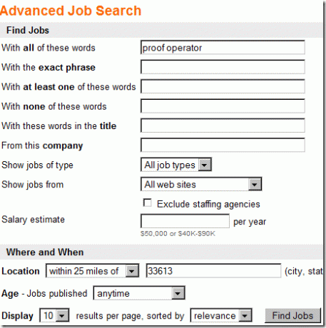 Opzioni avanzate di ricerca di lavoro.