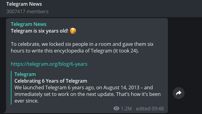 Esempio di messaggio del canale di Telegram