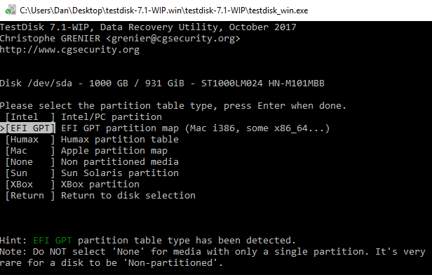 Schermata TestDisk di Windows