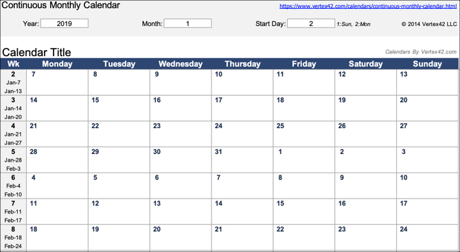 Modello di Excel calendario mensile continuo
