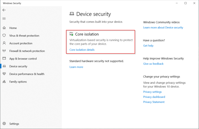 funzionalità di isolamento principale in Windows Defender