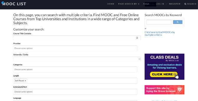 MOOC-List ha il sistema di filtri più completo per la ricerca di MOOC