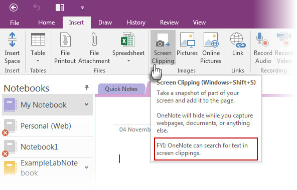 Ritaglio dello schermo di OneNote