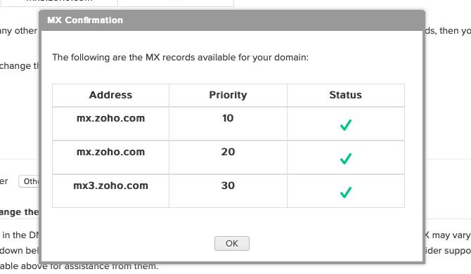 confermare i record MX nel Pannello di controllo Zoho