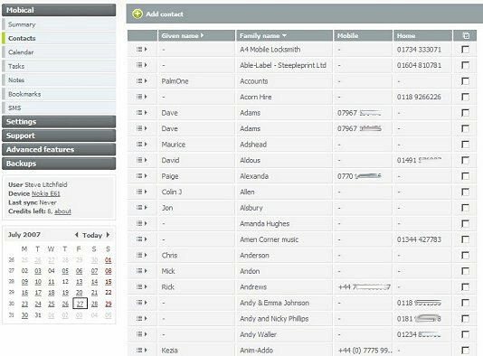 Mobical: backup della rubrica e del calendario mobili.