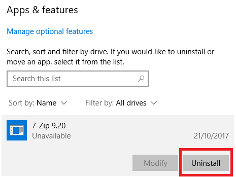 Disinstalla App e funzionalità di Windows 10