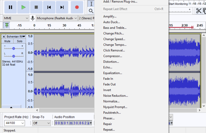 usa l'effetto per modificare la traccia audio