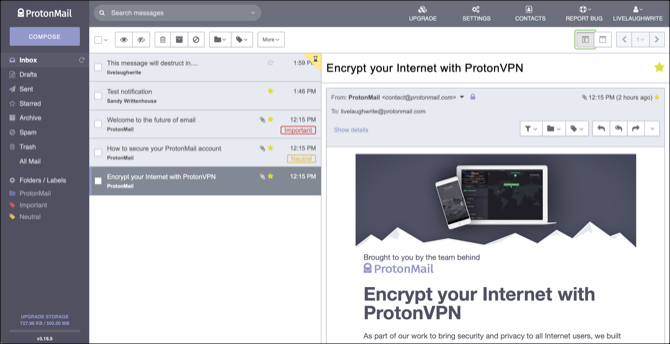 Interfaccia web di ProtonMail