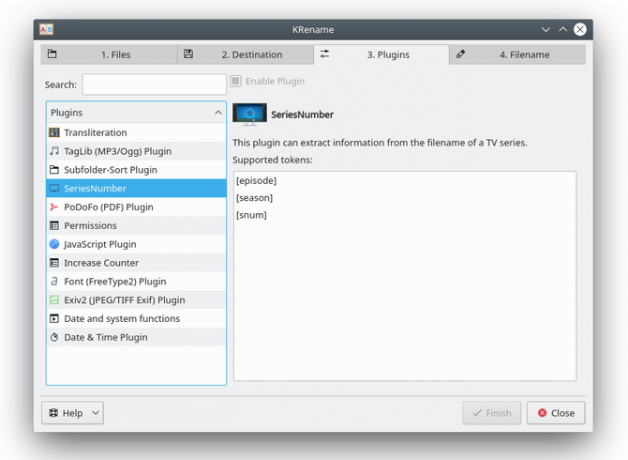 L'app di ridenominazione dei file KRename che mostra i plugin disponibili