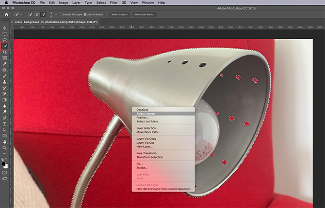 Come rimuovere uno sfondo in Photoshop Selezionare Inverso