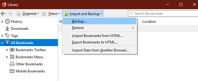 Backup dei segnalibri di Firefox