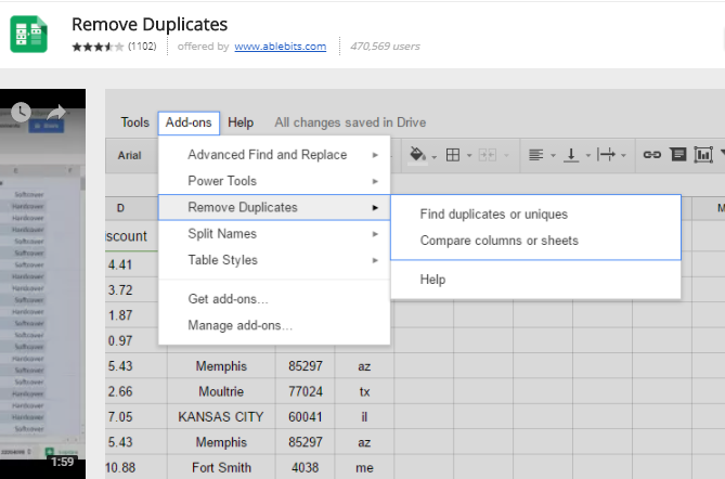 componenti aggiuntivi di fogli di Google - Rimuovi duplicati 