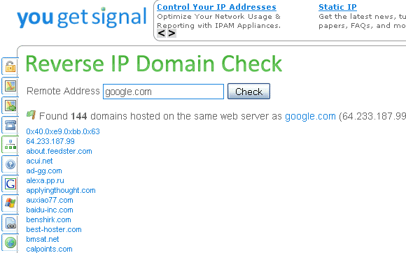 Trova altri siti in esecuzione sul tuo server di hosting con YouGetSignal yougetsignalreverseip