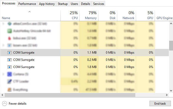 COM Surrogate Process in Task Manager di Windows