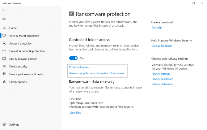 protezione ransomware in Windows Defender